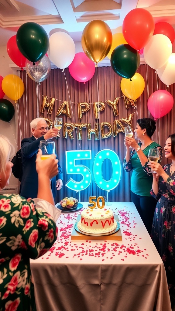 Heartfelt Toast for a 50th Birthday Celebration Guests celebrating a 50th birthday, raising glasses for a toast at a decorated table.